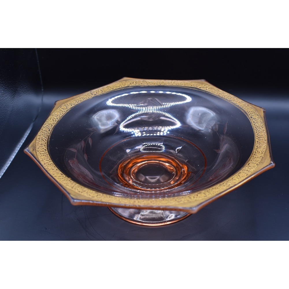 Tiffin Glass Centerpiece Bowl Pink Gold Encrusted Octagon Etched Vintage 12in